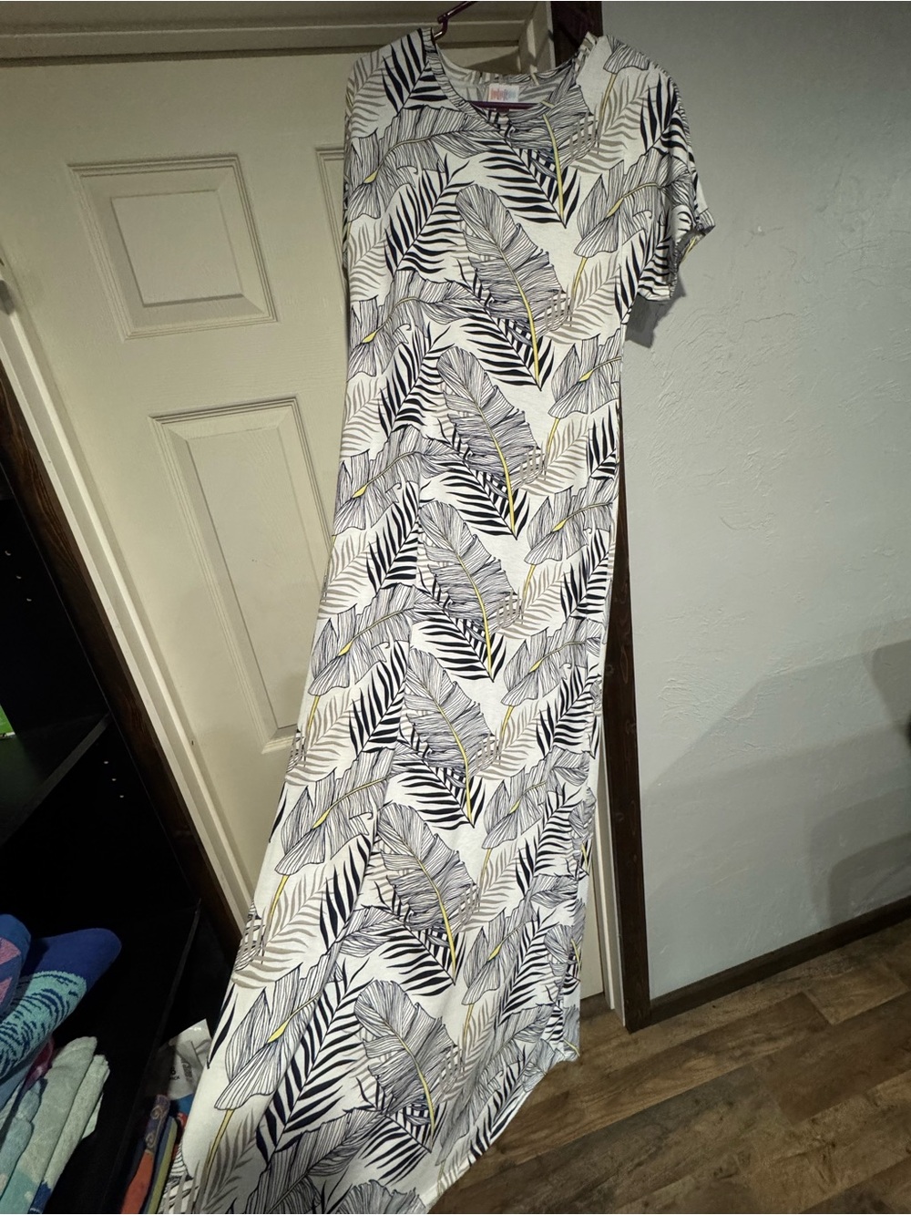White Maxi Dress with Navy & Yellow Leaf Print